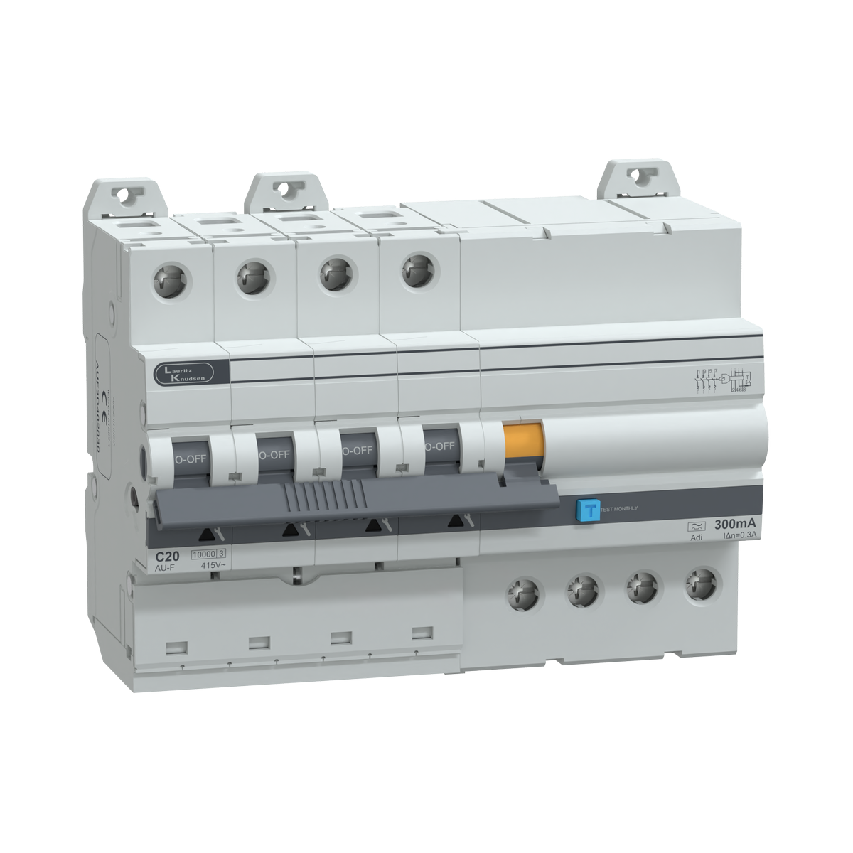 Lauritz Knudsen AU standard RCBO, 4 Pole, C Curve, Adi 10kA, 300mA, 20A, 415V 