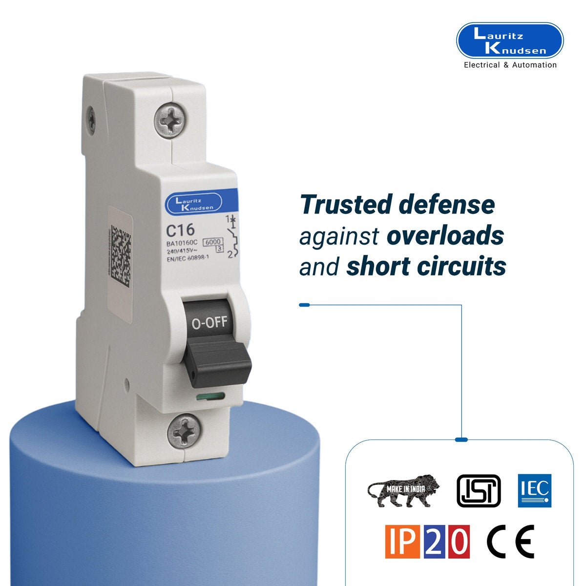 Lauritz Knudsen Tripper, MCB, C-Curve, 16A | 1 Pole | Energy Saving | Higher Life | 240V AC