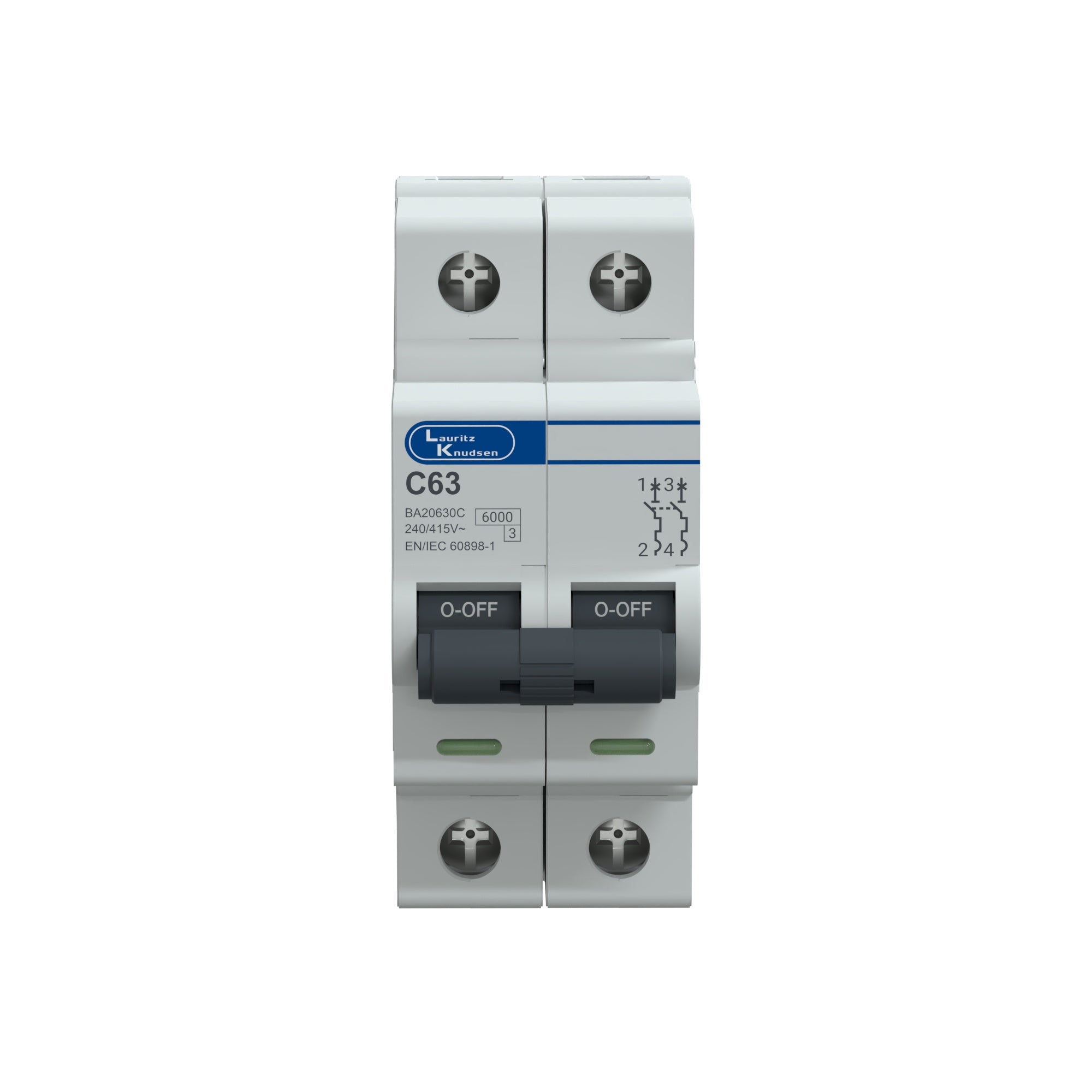 Lauritz Knudsen Tripper, MCB, C-Curve, 63A | 2 Pole | Energy Saving | Higher Life | 240V AC