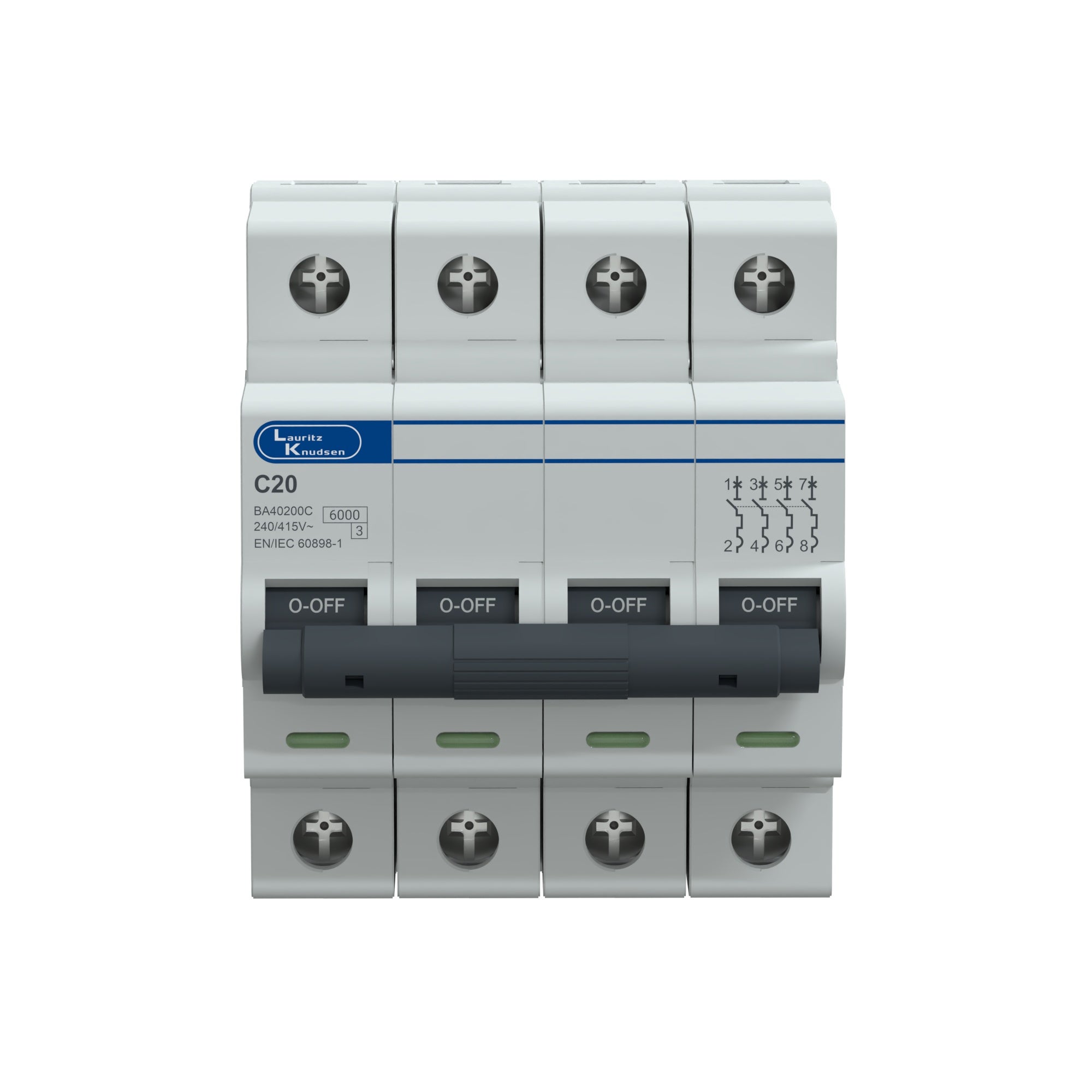 Lauritz Knudsen Tripper, MCB, C-Curve, 20A | 4 Pole | Energy Saving | Higher Life | 415V AC