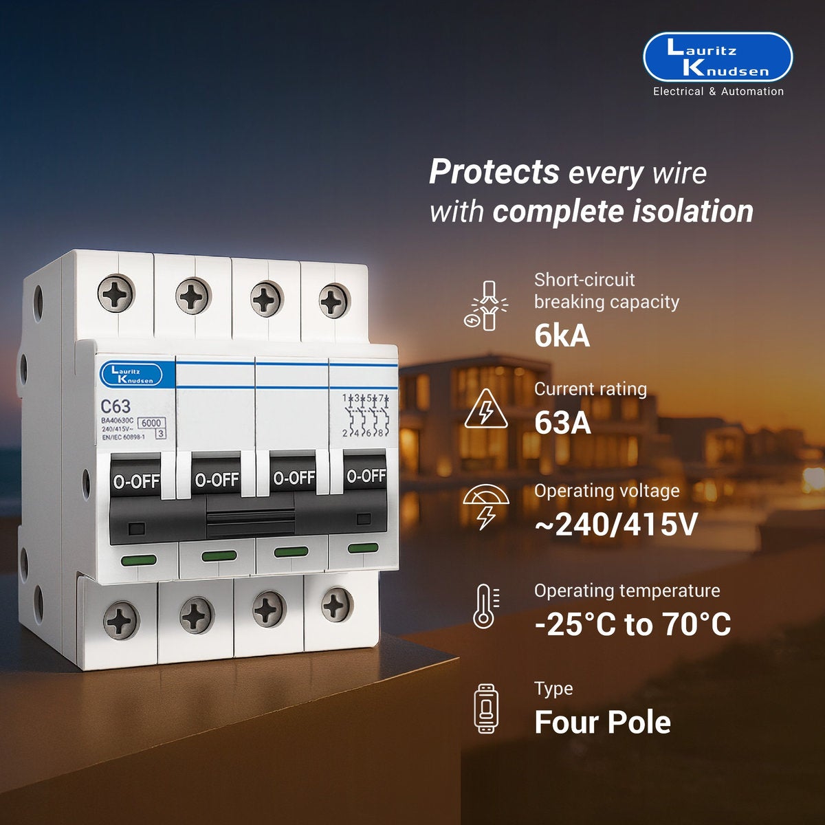 Lauritz Knudsen Tripper, MCB, C-Curve, 63A | 4 Pole | Energy Saving | Higher Life | 415V AC