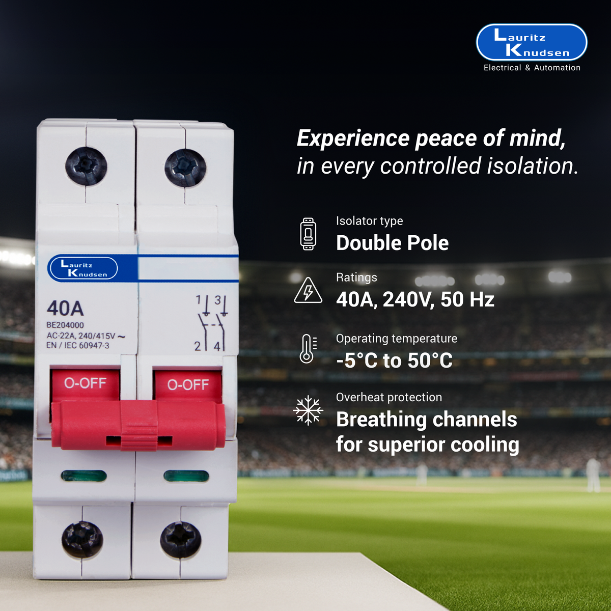 Lauritz Knudsen Isolator, 40A | 2 Pole | Higher Life | 240V AC | CE Marked