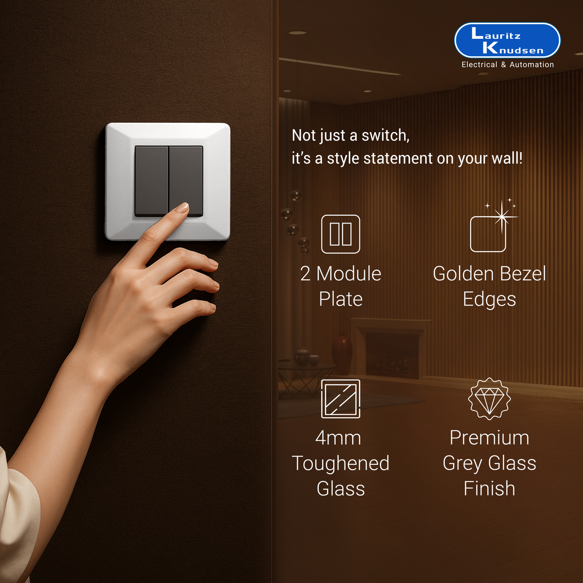 Lauritz Knudsen Englaze Modular Switch Glass Plates | 2 Module | Without Grid Frames | With Glass Finish (Silky Silver)