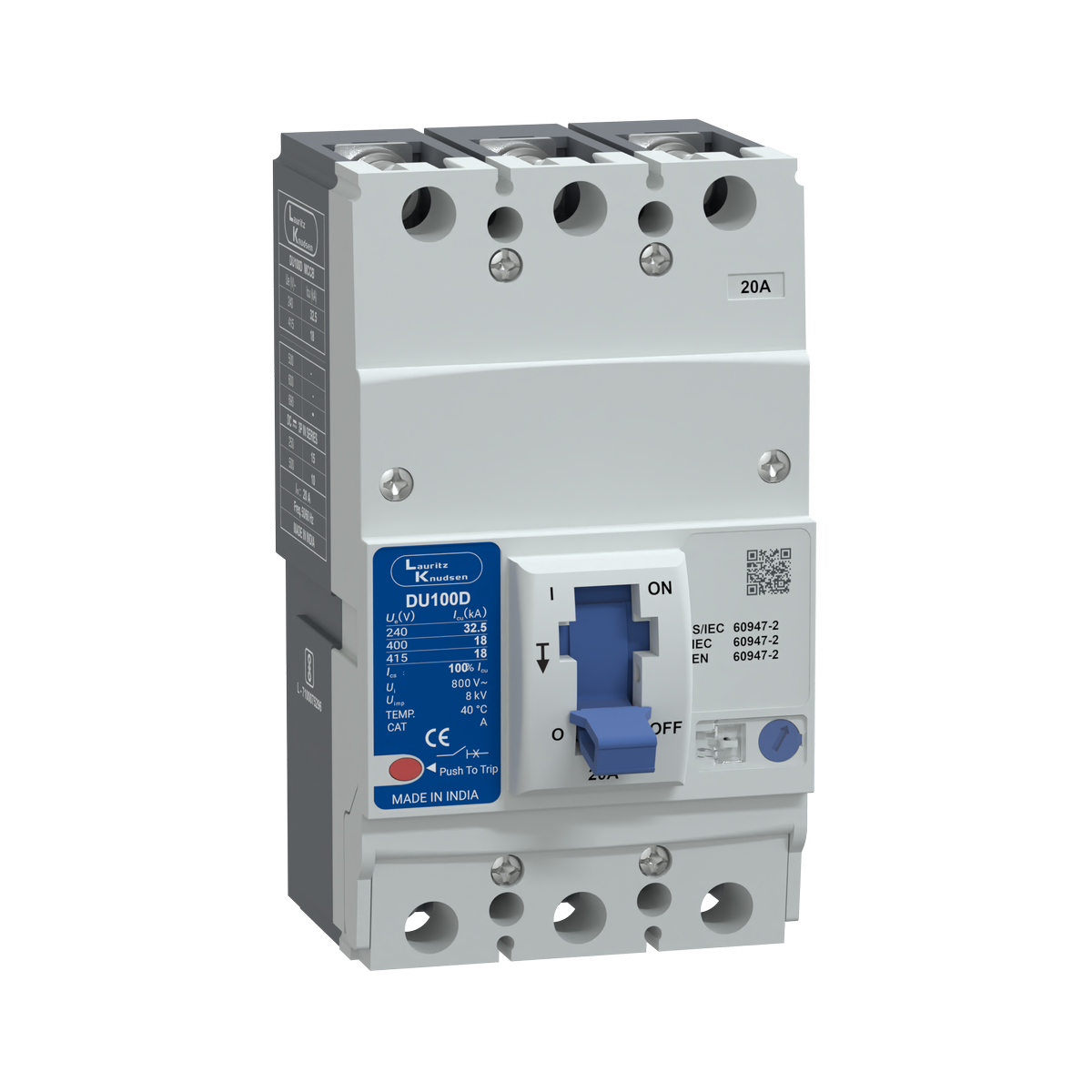 Lauritz Knudsen DU100D MCCB 20A 3P 415V AC 18KA Thermal Magnetic 50/60 Hz