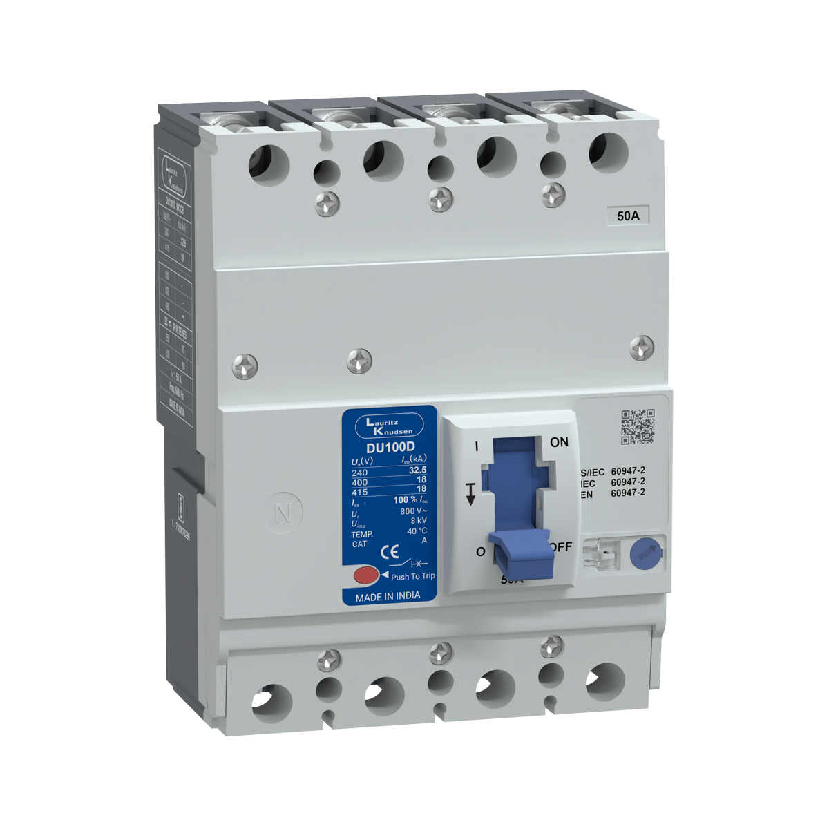 Lauritz Knudsen DU100D MCCB 50A 4P 415V AC 18KA Thermal Magnetic 50/60 Hz