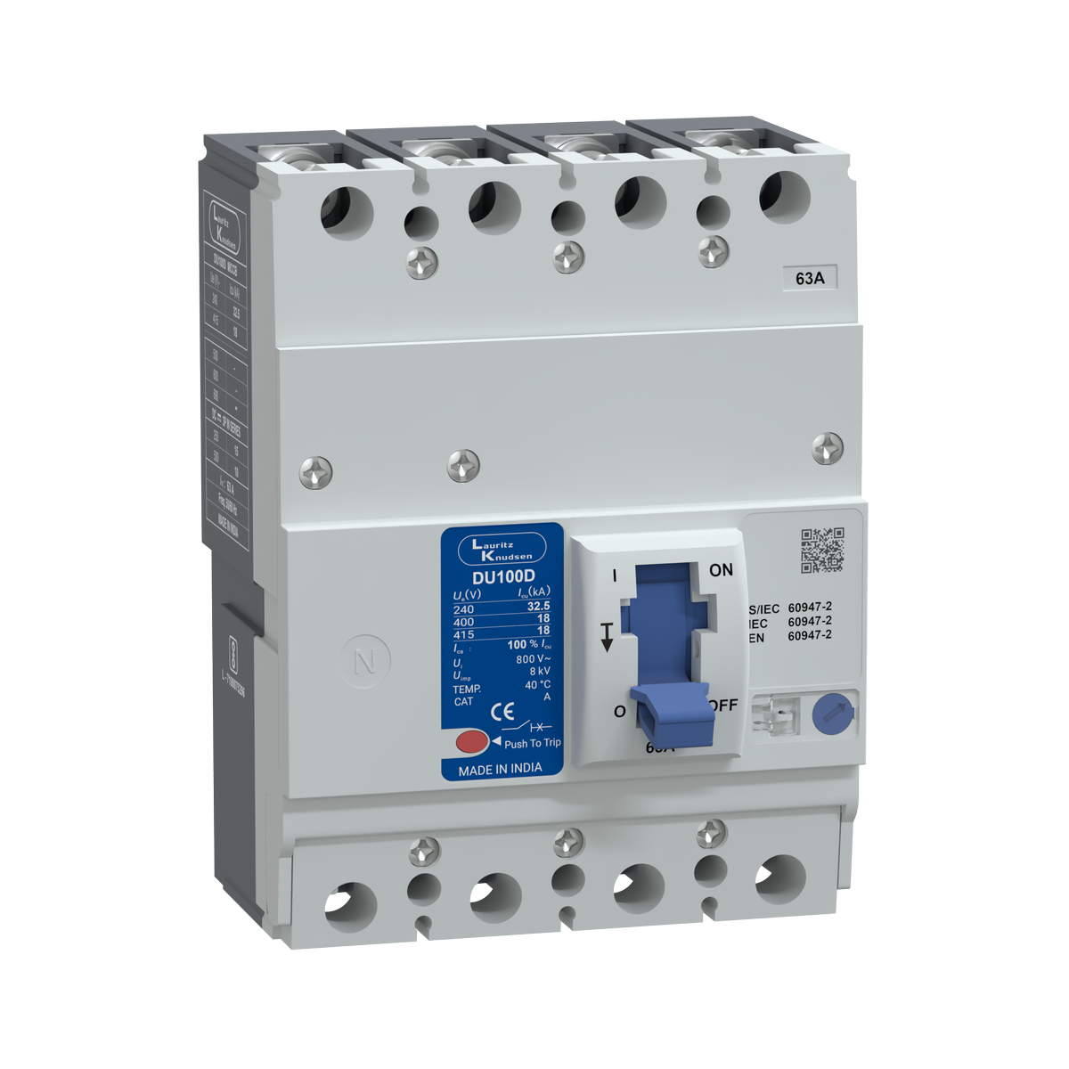 Lauritz Knudsen DU100D MCCB 63A 4P 415V AC 18KA Thermal Magnetic 50/60 Hz
