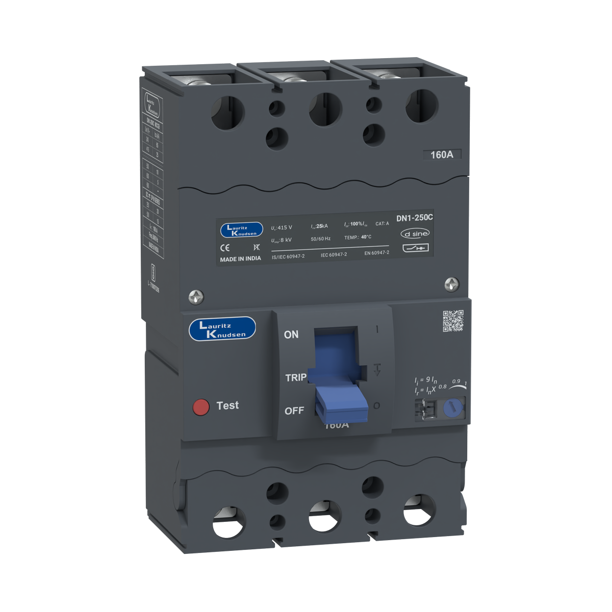 Lauritz Knudsen DN1C, MCCB, 3 Pole, 415V AC, 25kA Breaking Capacity, 160A | Thermal-Magnetic Release | IP40 Protection 