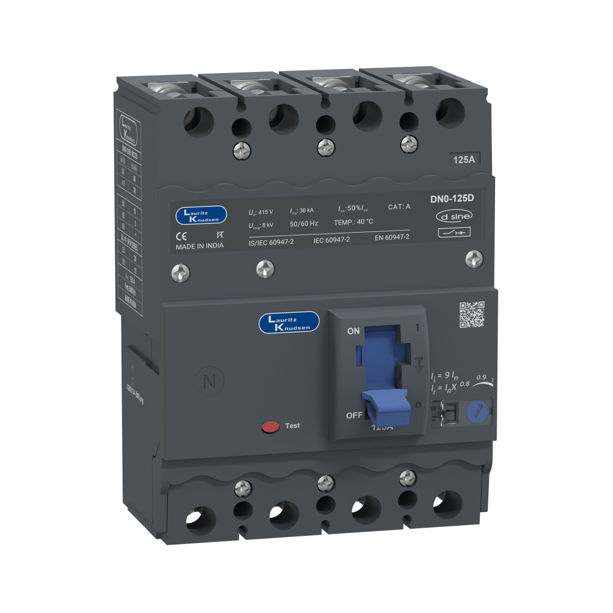 Lauritz Knudsen DN0-125D, MCCB, 4 Pole, 415V AC, 36kA Breaking Capacity, 125A | Thermal-Magnetic Release | IP40 Protection
