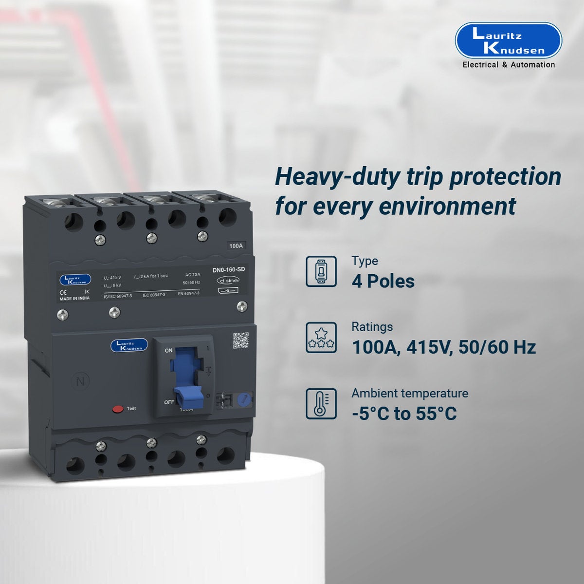 Lauritz Knudsen DN0SD, MCCB, 4 Pole, 415V AC, 100A | Switch Disconnector | IP40 Protection | MCCBs without protection release 