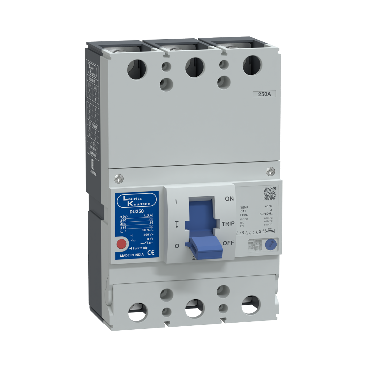 Lauritz Knudsen DU250, MCCB, 2 Pole, 415V AC, 36kA Breaking Capacity, 250A | Thermal-Magnetic Release | IP40 Protection