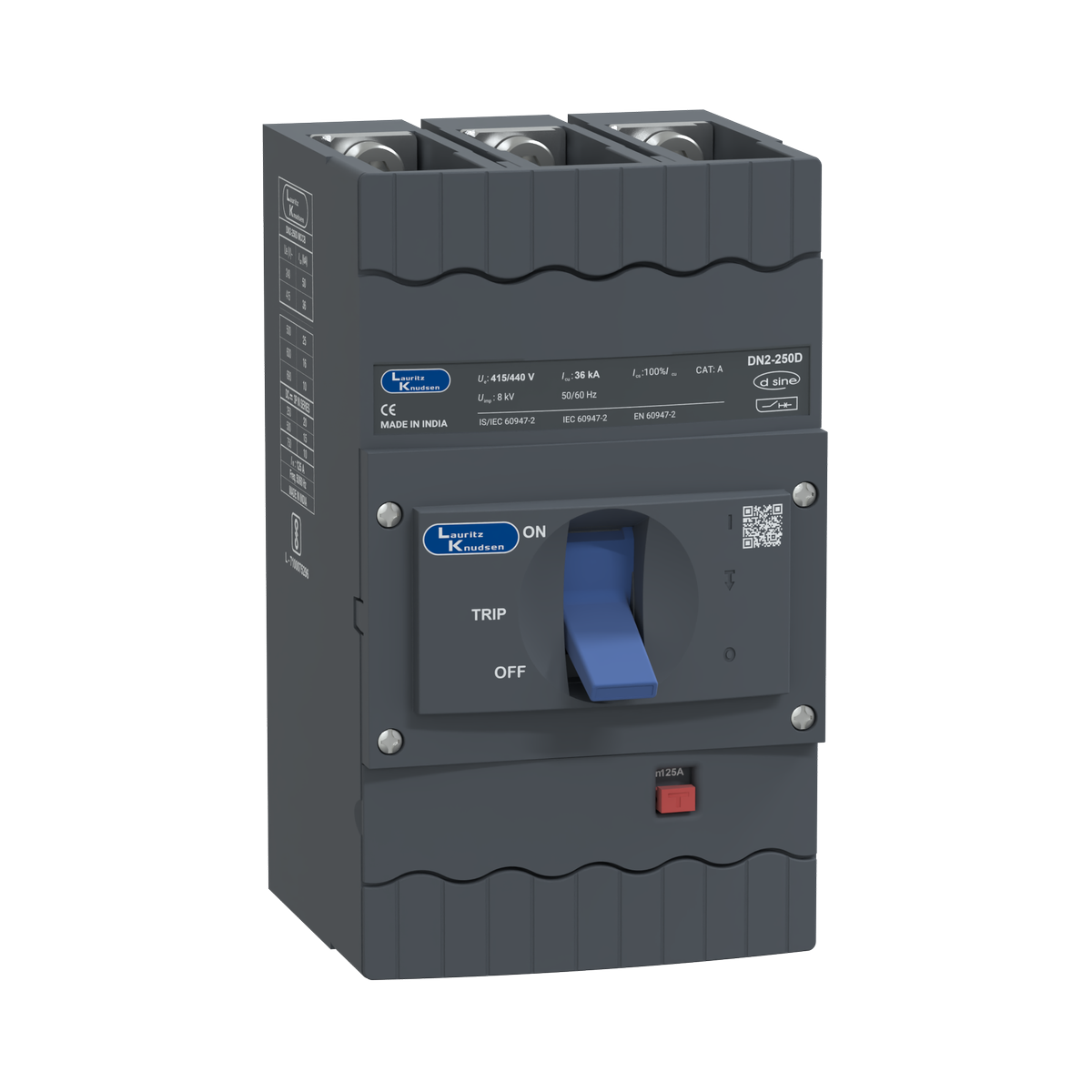 Lauritz Knudsen DN2D, MCCB, 3 Pole, 415V AC, 36kA Breaking Capacity, 125A | Thermal-Magnetic Release | IP40 Protection - View 5