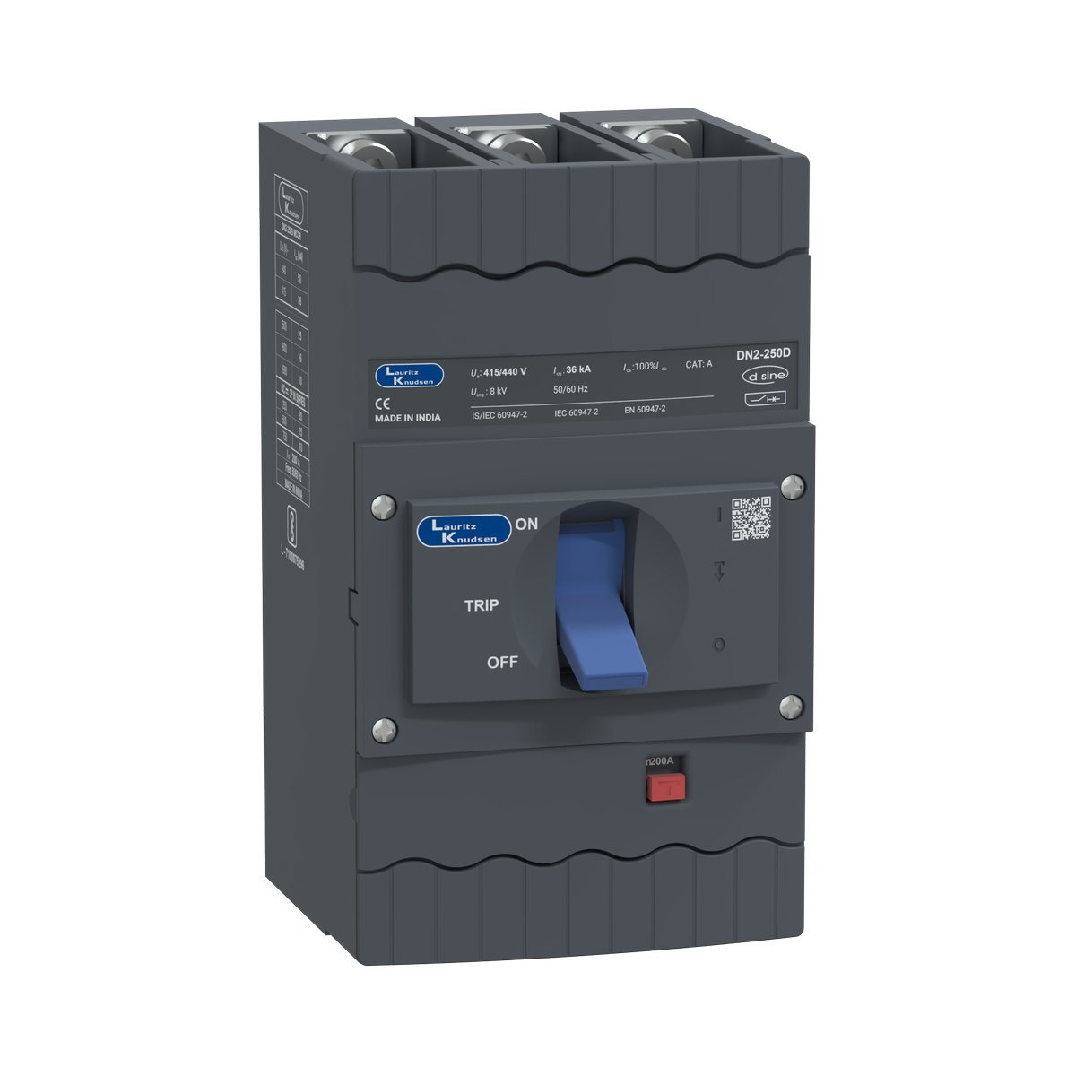 Lauritz Knudsen DN2D, MCCB, 3 Pole, 415V AC, 36kA Breaking Capacity, 200A | Thermal-Magnetic Release | IP40 Protection 