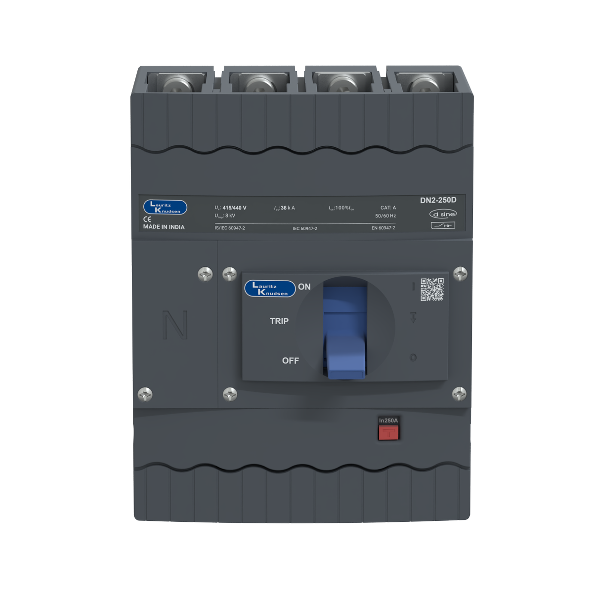 Lauritz Knudsen DN2D, MCCB, 4 Pole, 415V AC, 36kA Breaking Capacity, 250A | Microprocessor Release MTX2.0 | IP40 Protection