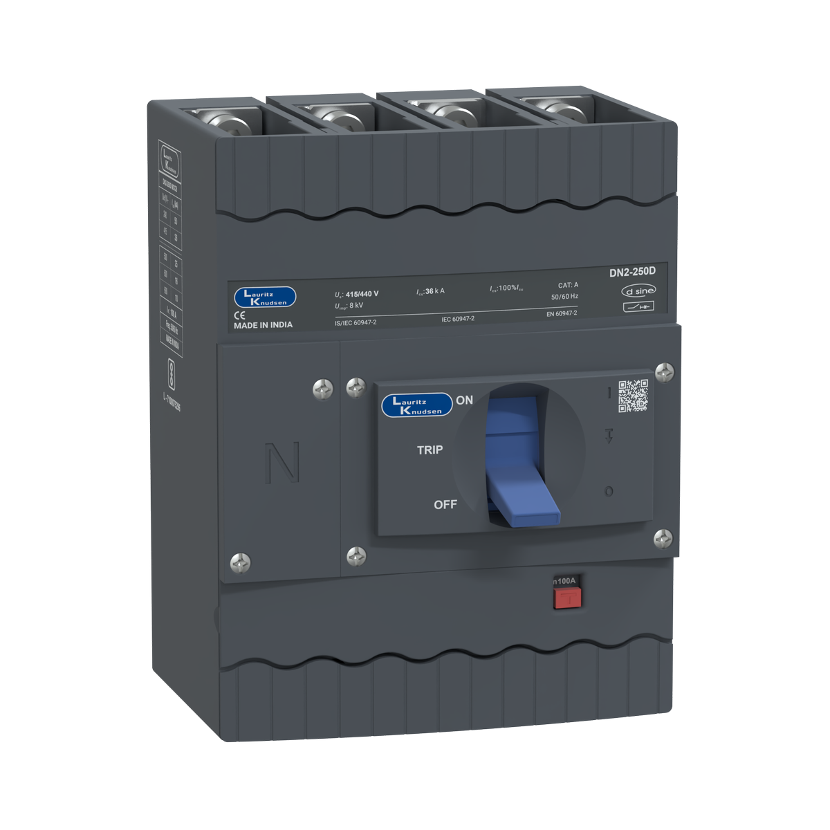 Lauritz Knudsen DN2D, MCCB, 4 Pole, 415V AC, 36kA Breaking Capacity, 100A | Microprocessor Release MTX1.0 | IP40 Protection 