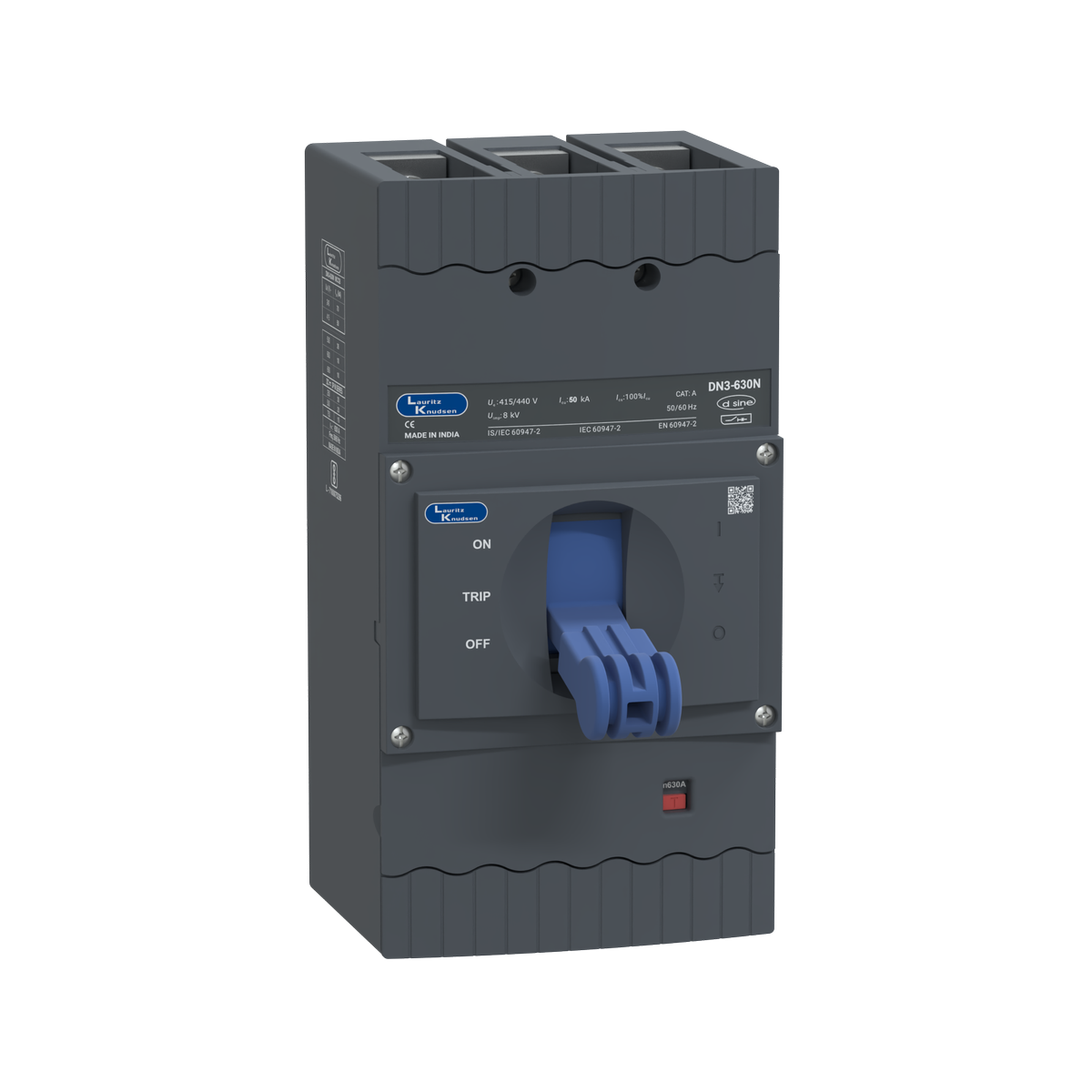 Lauritz Knudsen DN3-630N, MCCB, 3 Pole, 415V AC, 50kA Breaking Capacity, 630A | Thermal-Magnetic Release | IP40 Protection