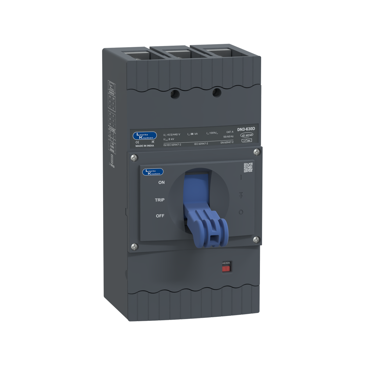 Lauritz Knudsen DN3-630D, MCCB, 3 Pole, 415V AC, 36kA Breaking Capacity, 630A | Thermal-Magnetic Release | IP40 Protection