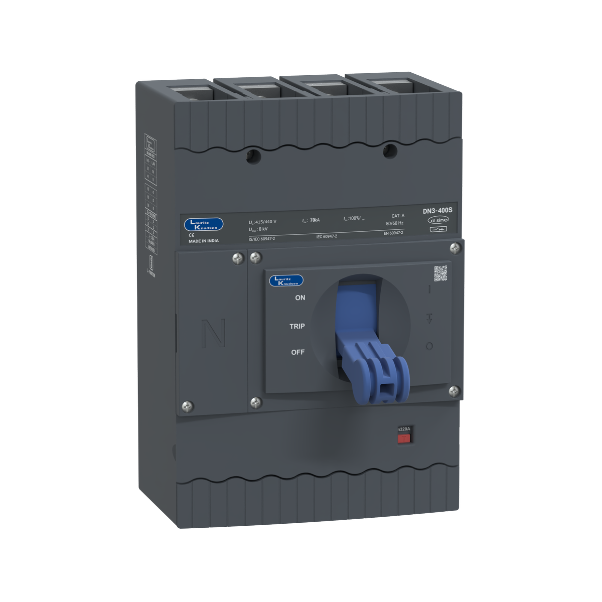 Lauritz Knudsen DN3-400S, MCCB, 4 Pole, 415V AC, 70kA Breaking Capacity, 320A | Thermal-Magnetic Release | IP40 Protection