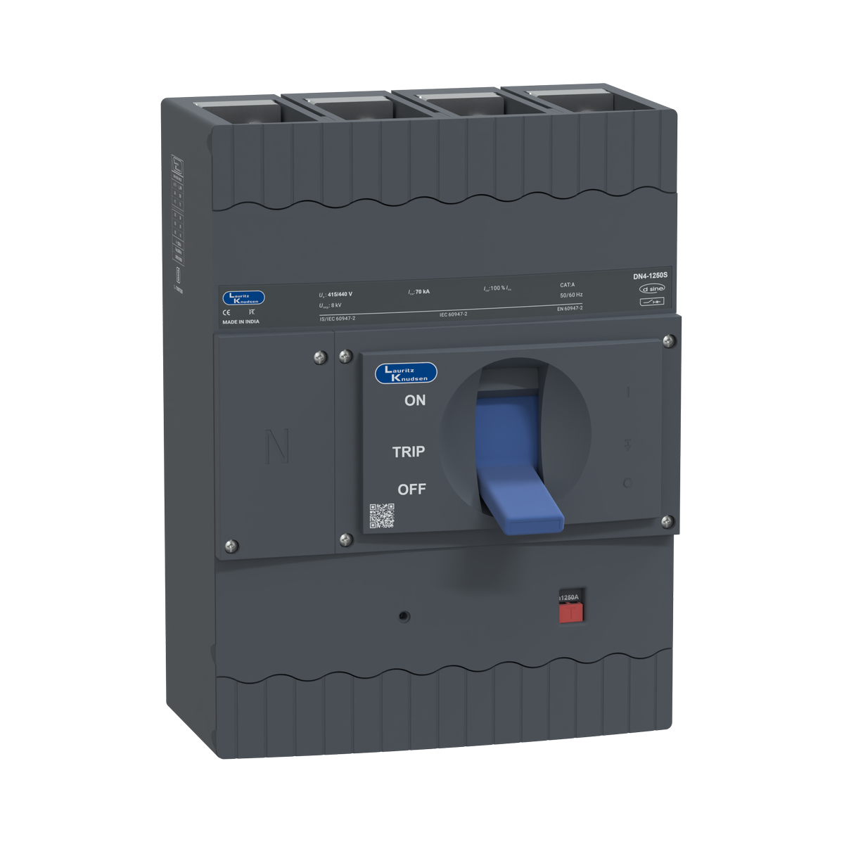 Lauritz Knudsen DN4S, MCCB, 4 Pole, 415V AC, 70kA Breaking Capacity, 1250A | Microprocessor Release MTX2.0 | IP40 Protection