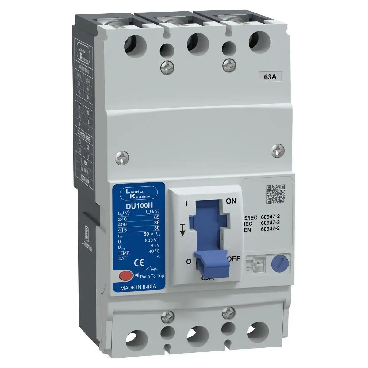 DU100H MCCB 63A 3P 415V AC 30kA Thermal Magnetic 50/60 Hz