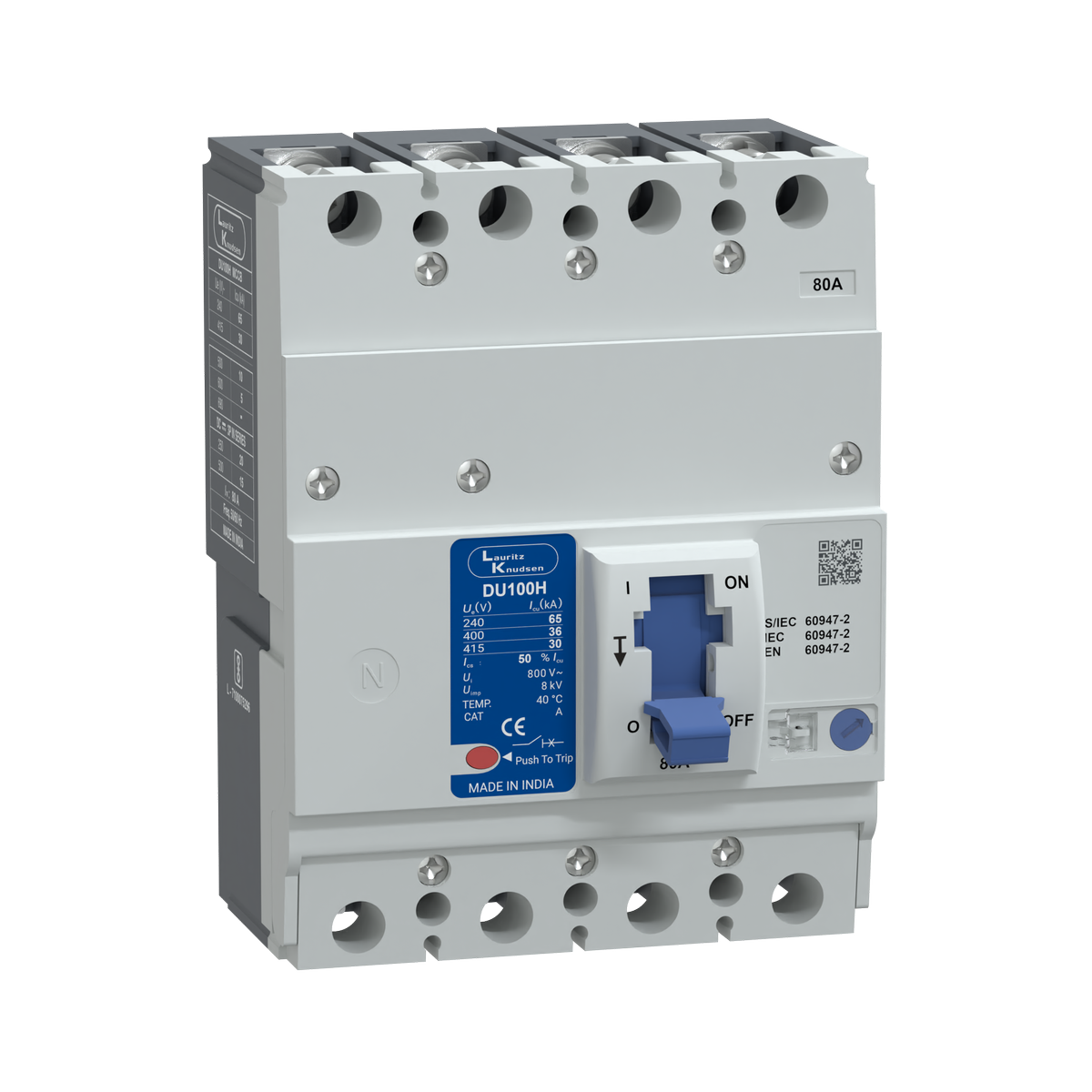 Lauritz Knudsen DU100H MCCB 80A 4P 415V AC 30kA Thermal Magnetic 50/60 Hz
