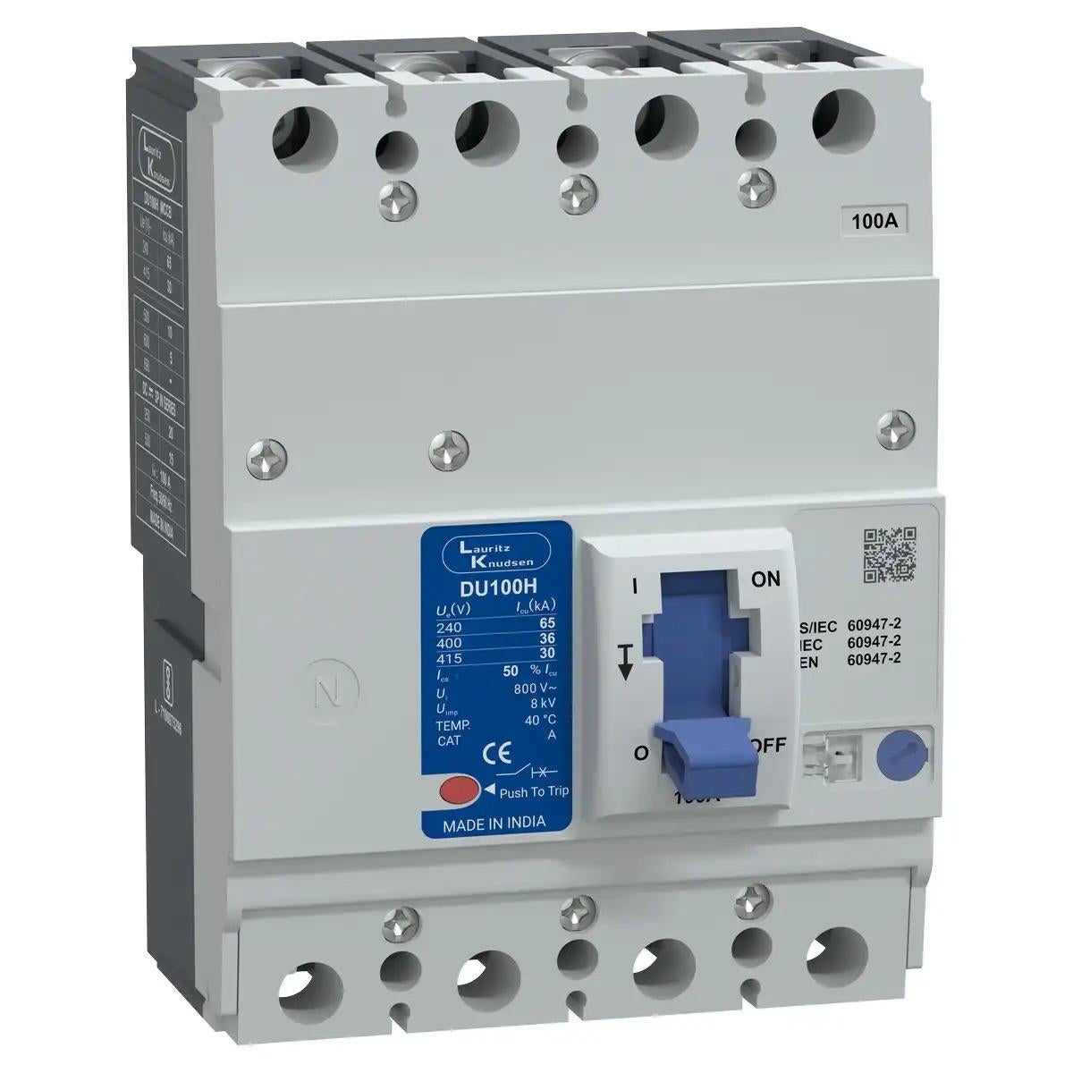 DU100H MCCB 100A 4P 415V AC 30kA Thermal Magnetic 50/60 Hz