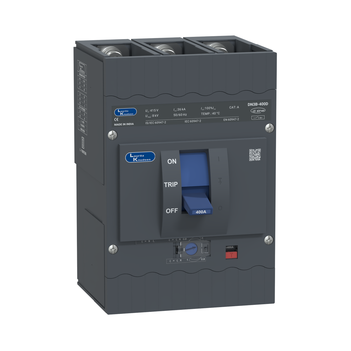 Lauritz Knudsen DN3B, MCCB, 3 Pole, 415V AC, 36kA Breaking Capacity, 400A | Thermal-Magnetic Release | IP40 Protection