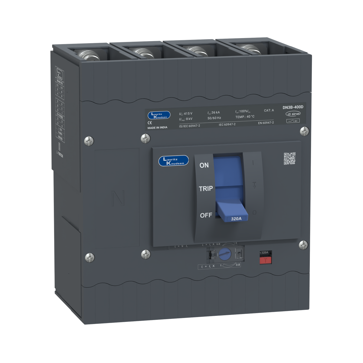 Lauritz Knudsen DN3B, MCCB, 4 Pole, 415V AC, 36kA Breaking Capacity, 320A | Thermal-Magnetic Release | IP40 Protection