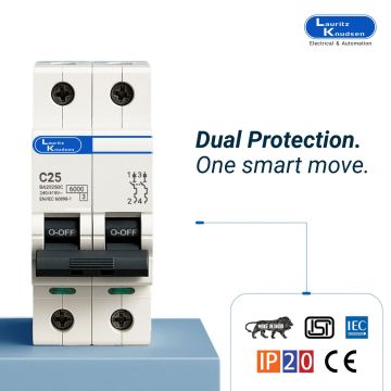 Lauritz Knudsen Tripper, MCB, C-Curve, 25A | 2 Pole | Energy Saving | Higher Life | 240V AC