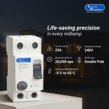 Lauritz Knudsen Tripper, RCCB, 25A | 2 Pole | 30mA | Finger proof IP20 terminals | 240V AC | ISI Certified
