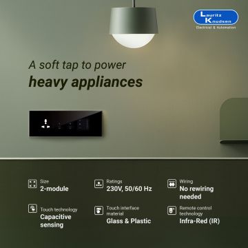 Lauritz Knudsen Englaze Touch IR Dimmer | 2 Module | Suitable only for Englaze Plates | Sensitive Touch Panel for Fast Performance (Black Glass) 