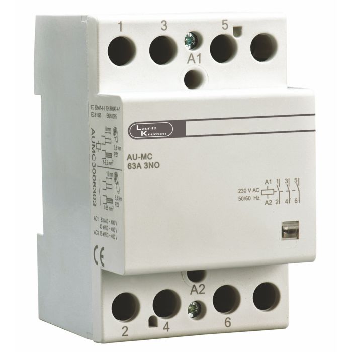 Lauritz Knudsen AU Modular Contactor, 63A | 2 Inbuilt + 2 in auxiliary contacts | 3 Module | Provide remote switching & automatic control of electric devices | Residential & Commercial Spaces