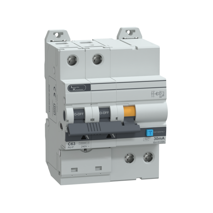 Lauritz Knudsen AU Standard RCBO, 2 Pole, C Curve, 10 kA, 30 mA, 63A, 240V | Suitable for Isolation| with Enhanced Safety