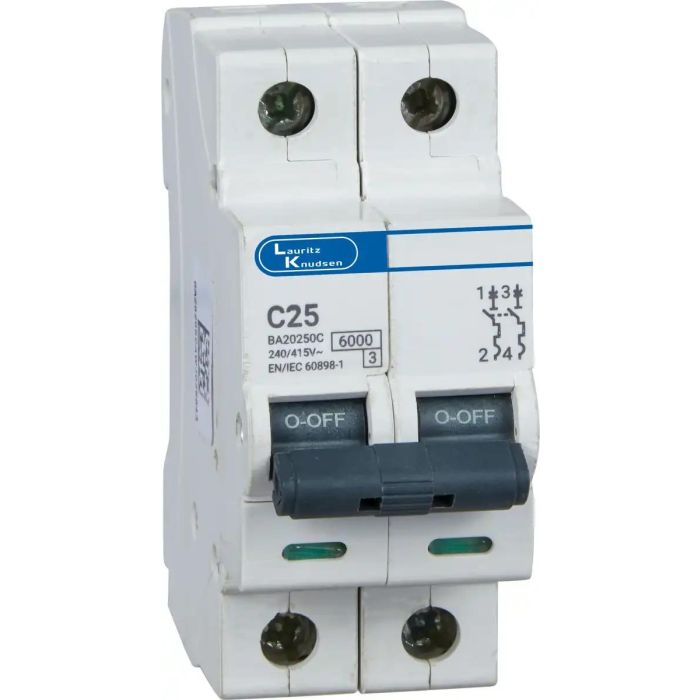 Lauritz Knudsen Tripper, MCB, C-Curve, 25A | 2 Pole | Energy Saving | Higher Life | 240V AC