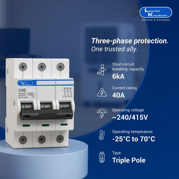 Lauritz Knudsen Tripper, MCB, C-Curve, 40A | 3 Pole | Energy Saving | Higher Life | 415V AC