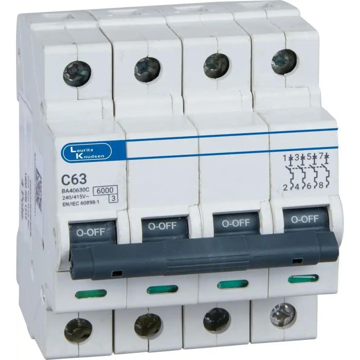 Lauritz Knudsen Tripper, MCB, C-Curve, 63A | 4 Pole | Energy Saving | Higher Life | 415V AC
