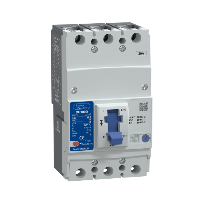 Lauritz Knudsen DU100D, MCCB, 3 Pole, 415V AC, 18kA Breaking Capacity, 20A | Thermal-Magnetic Release| 50/60 Hz | Compact Size | Ics=100% of Icu
