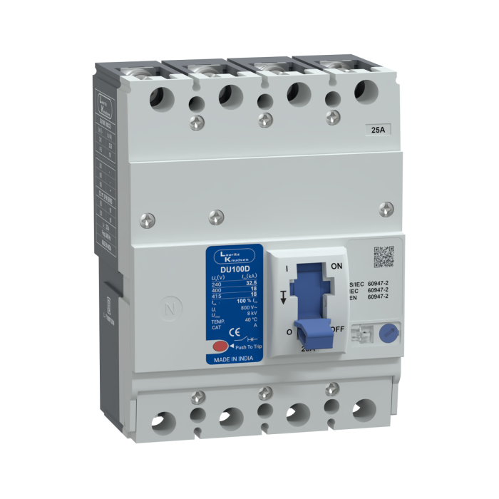 Lauritz Knudsen DU100D, MCCB, 4 Pole, 415V AC, 18kA Breaking Capacity, 25A | Thermal-Magnetic Release| 50/60 Hz | Compact Size | Ics=100% of Icu