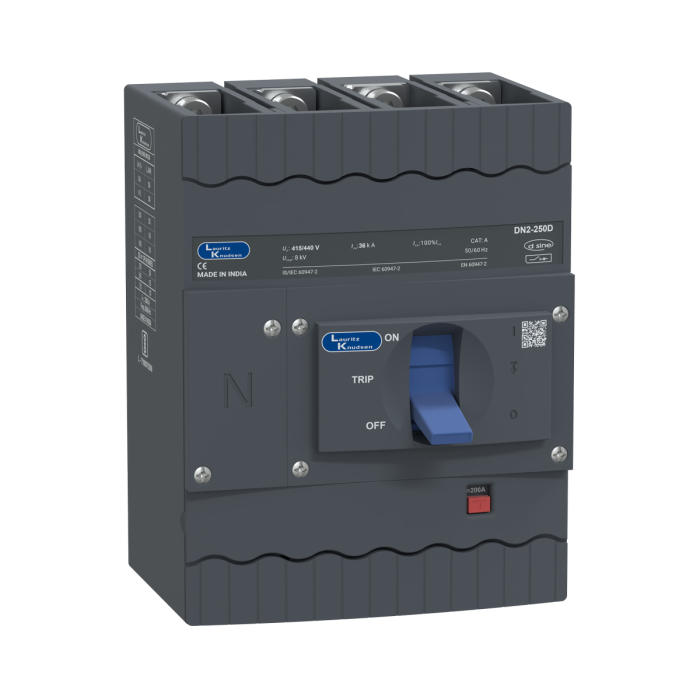 Lauritz Knudsen DN2D, MCCB, 4 Pole, 415V AC, 36kA Breaking Capacity, 200A | Thermal-Magnetic Release | IP40 Protection 
