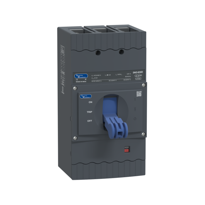 Lauritz Knudsen DN3-630D, MCCB, 3 Pole, 415V AC, 36kA Breaking Capacity, 630A | Thermal-Magnetic Release | IP40 Protection