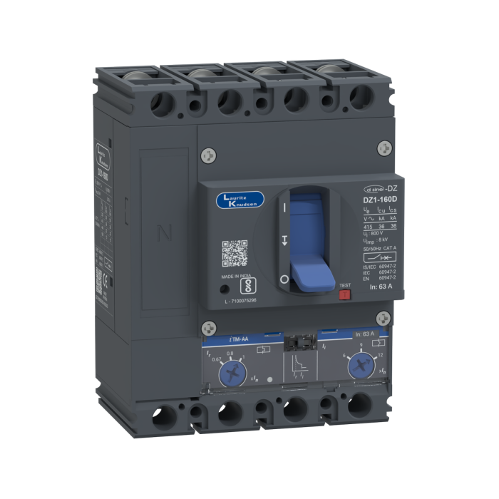 Lauritz Knudsen DZ1D, MCCB, 4 Pole, 415V AC, 36kA Breaking Capacity, 63A | Thermal-Magnetic Release | IP40 Protection