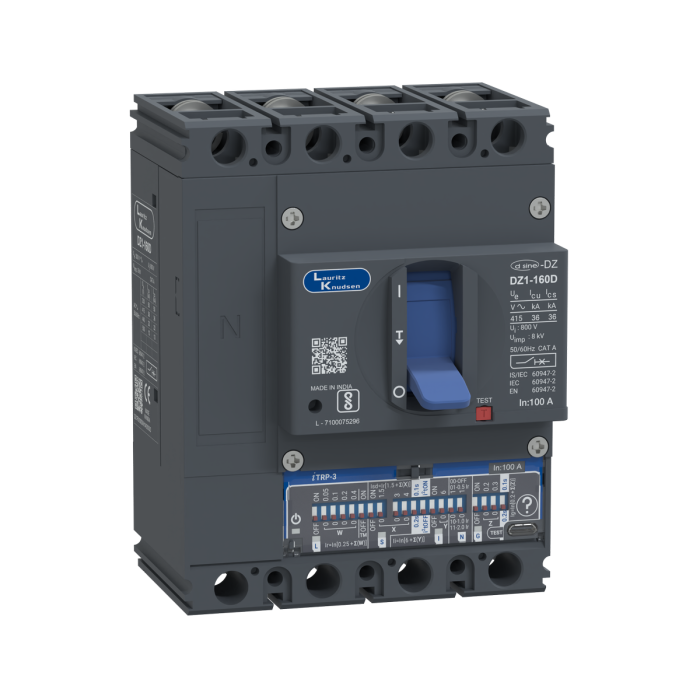 Lauritz Knudsen DZ1D, MCCB, 4 Pole, 415V AC, 36kA Breaking Capacity, 100A | Microprocessor Release iTRP3 | IP40 Protection
