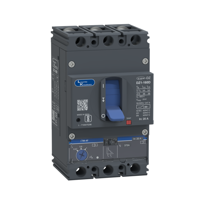 Lauritz Knudsen DZ1D, MCCB, 3 Pole, 415V AC, 36kA Breaking Capacity, 20A | Thermal-Magnetic Release | IP40 Protection
