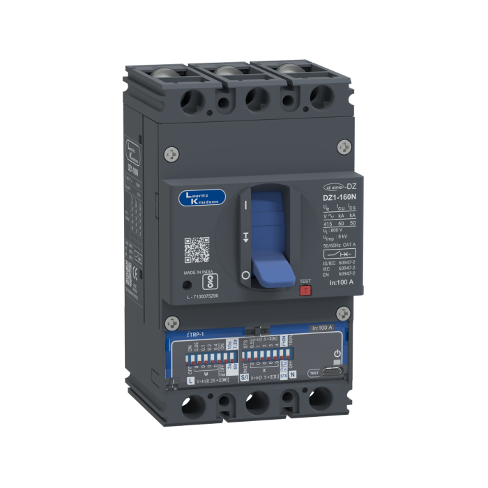 Lauritz Knudsen DZ1N, MCCB, 3 Pole, 415V AC, 50kA Breaking Capacity, 100A | Microprocessor Release iTRP1 | IP40 Protection
