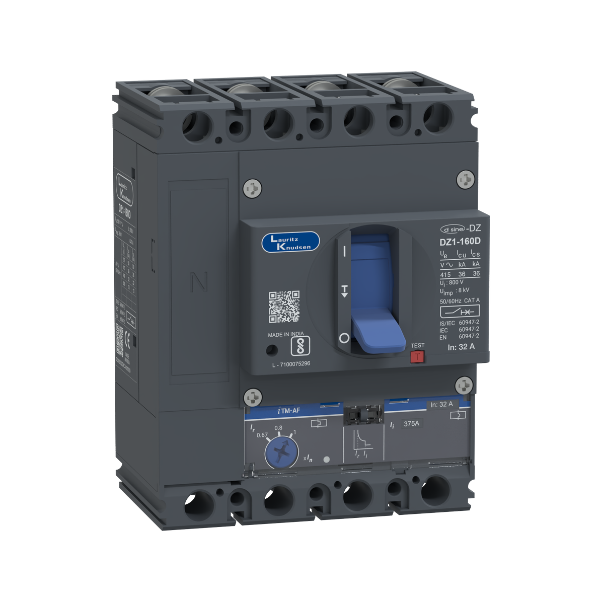 Lauritz Knudsen DZ1D, MCCB, 4 Pole, 415V AC, 36kA Breaking Capacity, 32A | Thermal-Magnetic Release | IP40 Protection