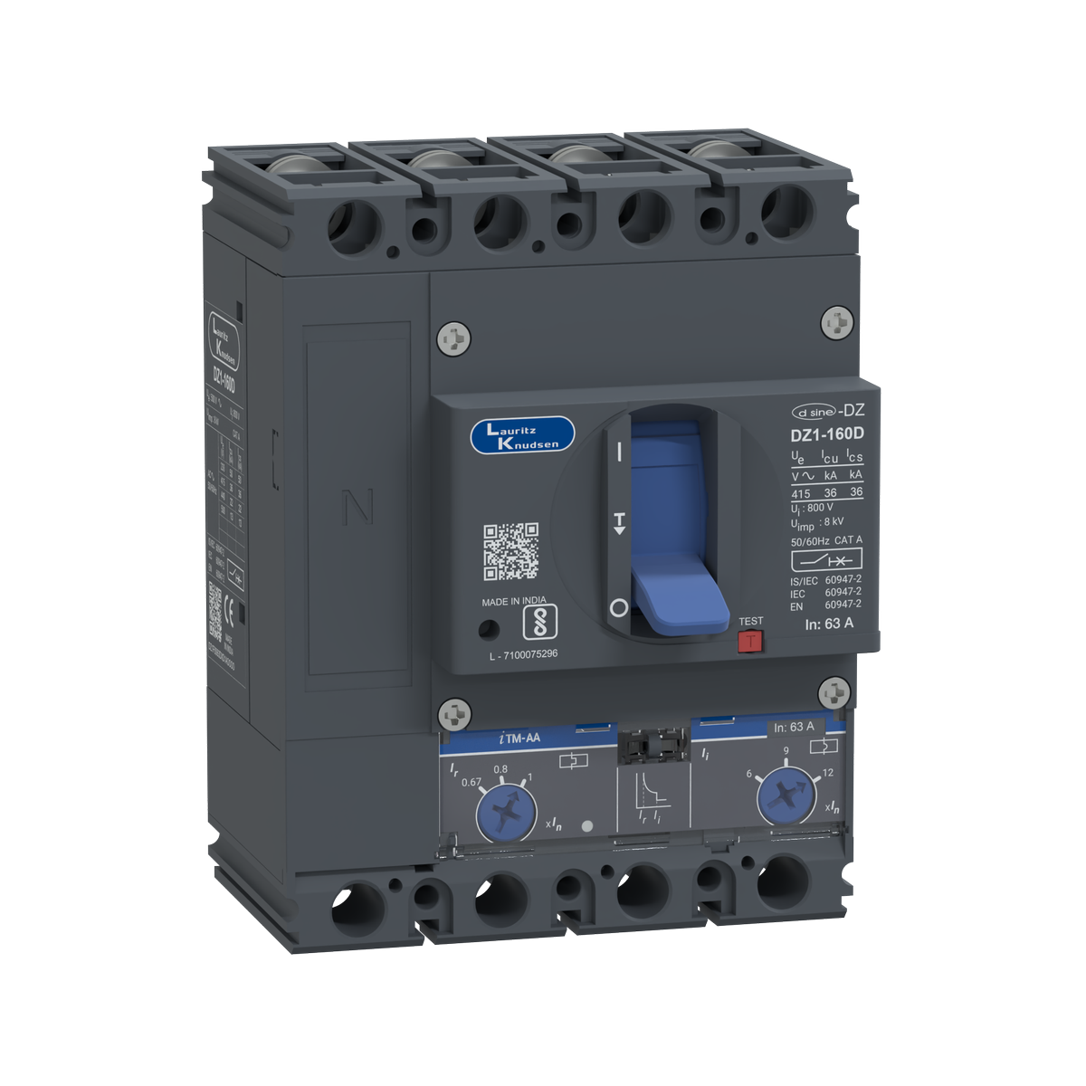 Lauritz Knudsen DZ1D, MCCB, 4 Pole, 415V AC, 36kA Breaking Capacity, 63A | Thermal-Magnetic Release | IP40 Protection