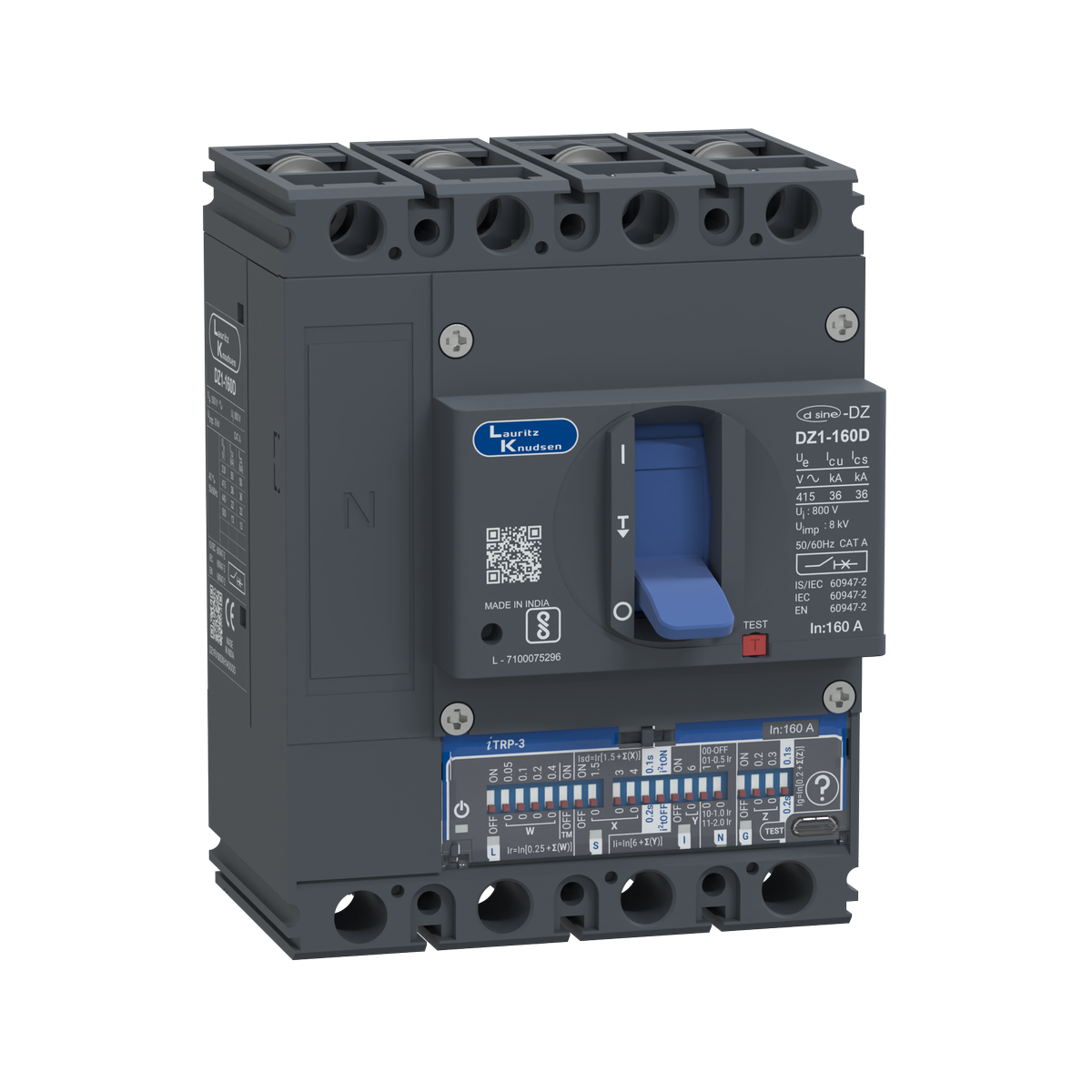 Lauritz Knudsen DZ1D, MCCB, 4 Pole, 415V AC, 36kA Breaking Capacity, 160A | Microprocessor Release iTRP3 | IP40 Protection
