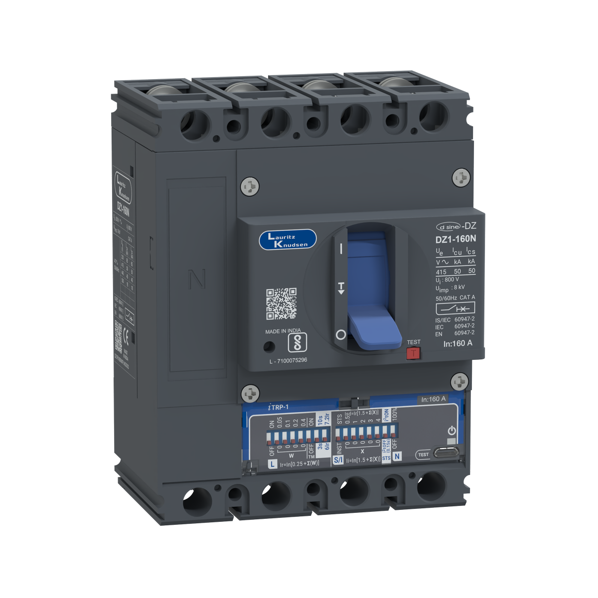 Lauritz Knudsen DZ1N, MCCB, 4 Pole, 415V AC, 50kA Breaking Capacity, 160A | Microprocessor Release iTRP1 | IP40 Protection