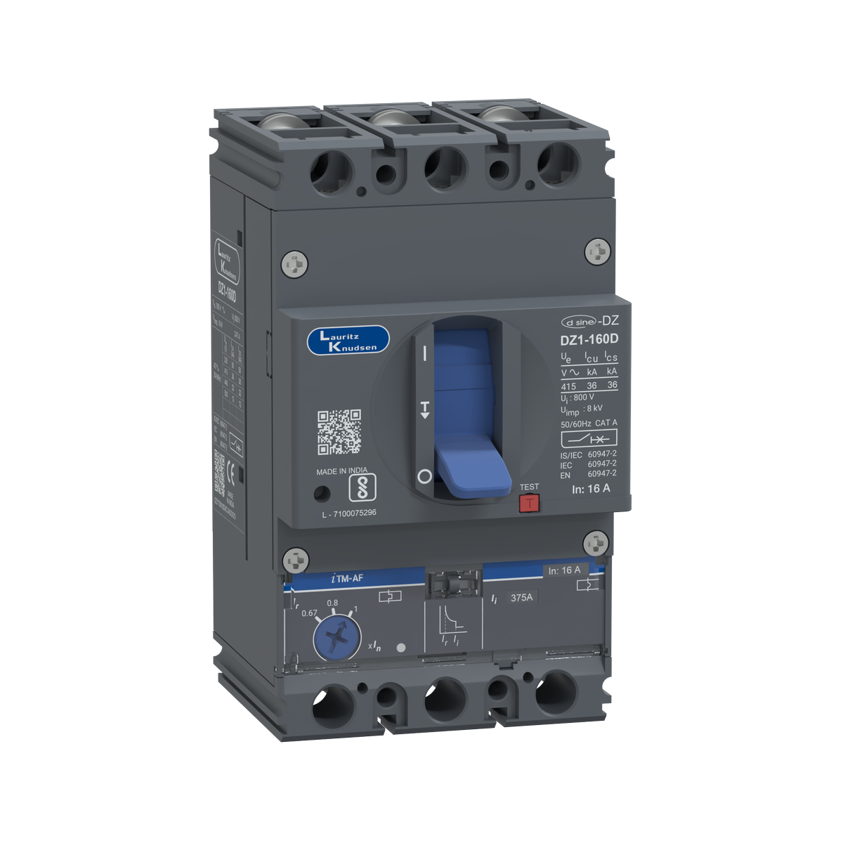 Lauritz Knudsen DZ1D, MCCB, 3 Pole, 415V AC, 36kA Breaking Capacity, 16A | Thermal-Magnetic Release | IP40 Protection