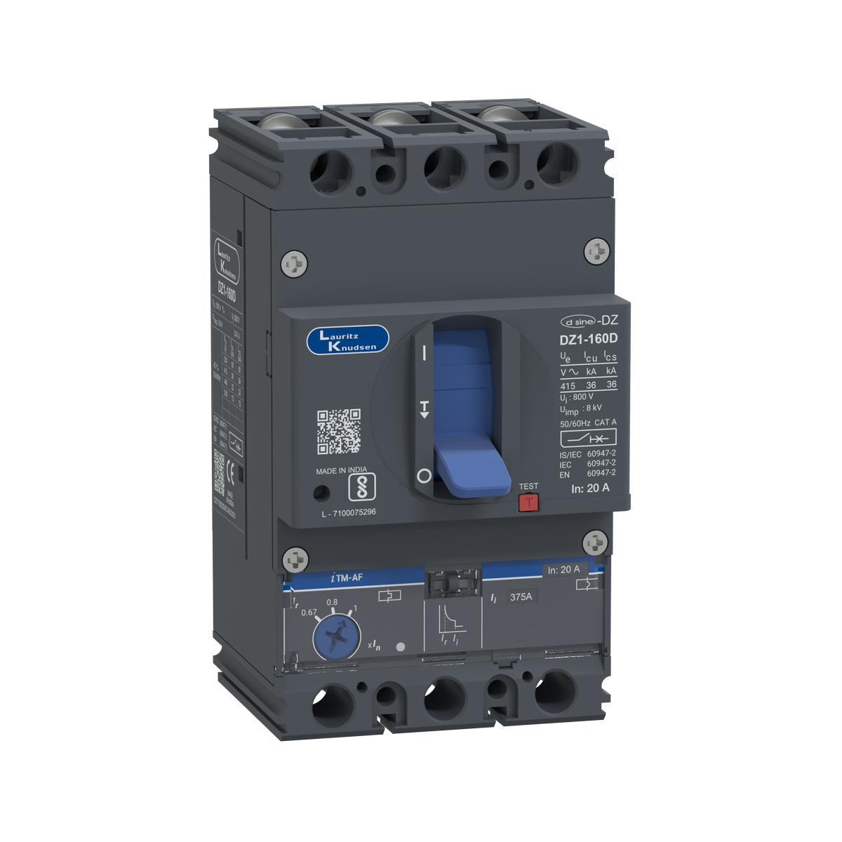 Lauritz Knudsen DZ1D, MCCB, 3 Pole, 415V AC, 36kA Breaking Capacity, 20A | Thermal-Magnetic Release | IP40 Protection
