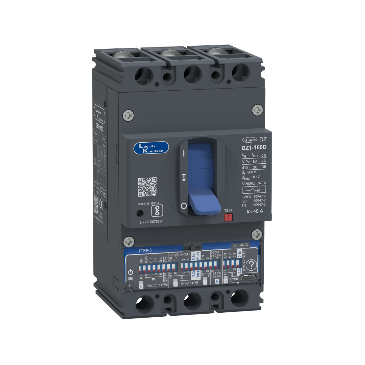 Lauritz Knudsen DZ1D, MCCB, 3 Pole, 415V AC, 36kA Breaking Capacity, 40A | Microprocessor Release iTRP3 | IP40 Protection